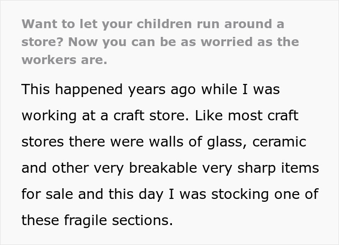 Text about kids in stores and potential hazards with fragile items like glass.