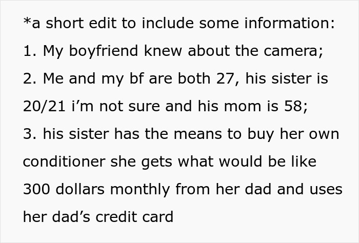 Text details about a woman’s boyfriend, his sister, and family finances.