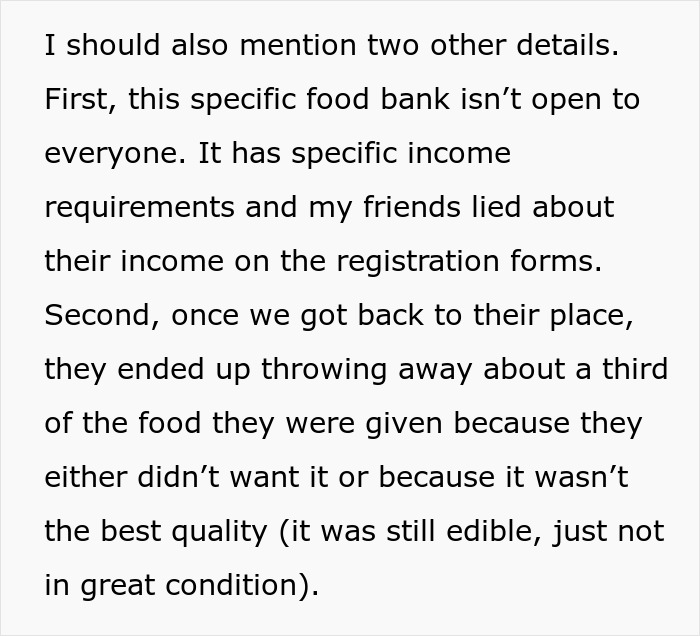 Text discussing food bank misuse due to false income reports, resulting in wasted food.