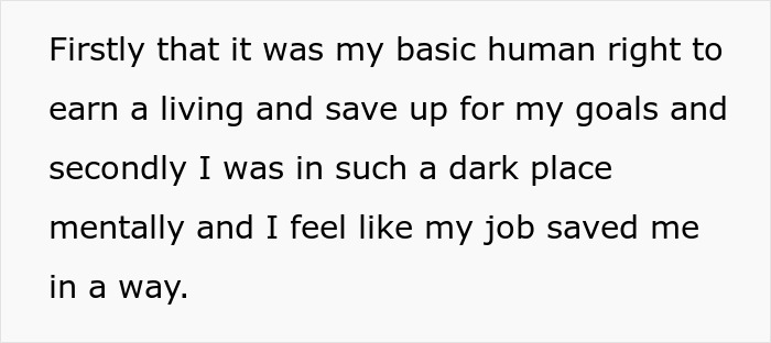 Text expressing the importance of work for personal goals and mental well-being amid marital stress over job-related divorce threats.