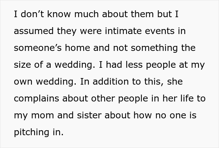 Text snippet discussing an entitled sister, baby shower, and complaints about event size.