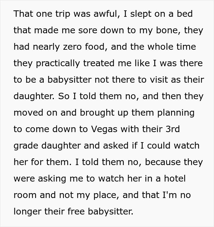 Text from a woman explaining why she refused to babysit for her parents, describing lack of food and comfort in previous visits.