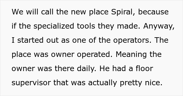 Text from an employee detailing their experience with a toxic boss at a company called "Spiral.