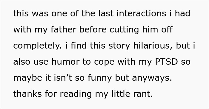 Text discussing a past interaction with a father before cutting ties, mentioning humor as a coping mechanism for PTSD.