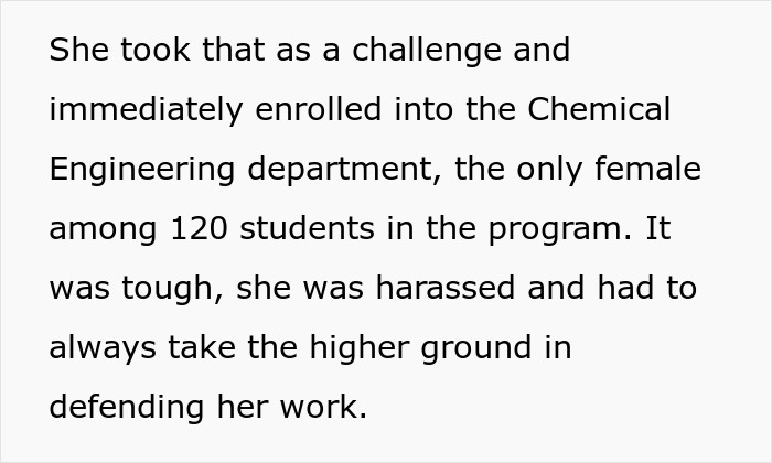 Text describes a woman enrolling in engineering as a challenge, being the only female among 120 students in her program.