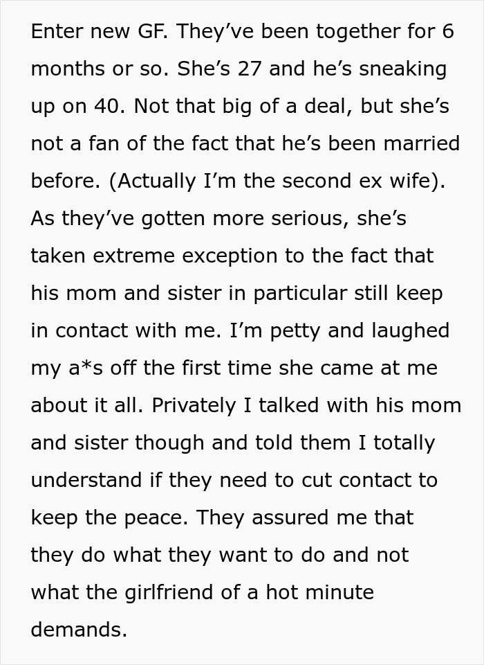 Text message about a woman dealing with her ex-boyfriend's new girlfriend, conflict unfolds with family contact issues.