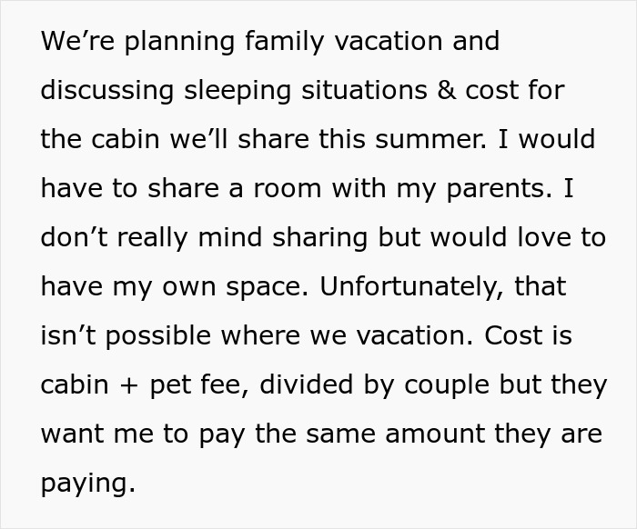 Childfree woman discusses room sharing and costs for a family vacation, highlighting the desire for her own space.