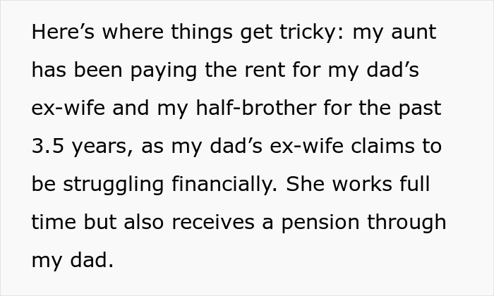 Text about financial struggles of dad’s ex-wife and son, with aunt paying rent for 3.5 years despite ex-wife's pension.