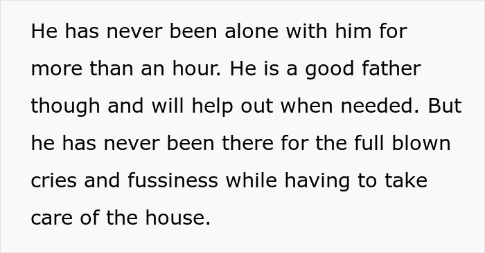 Text discussing a father's limited solo time with infant, highlighting challenges in balancing childcare and household duties.