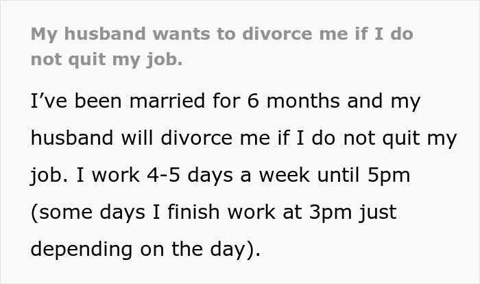 Text detailing a marital conflict over job demands and potential divorce ultimatum.