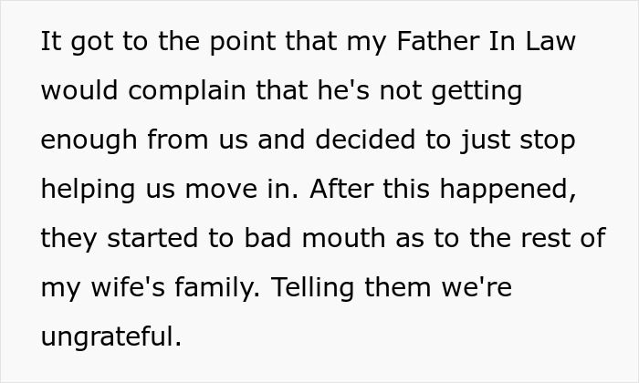 Text about father-in-law complaining about lack of help and badmouthing daughter and son-in-law to family.