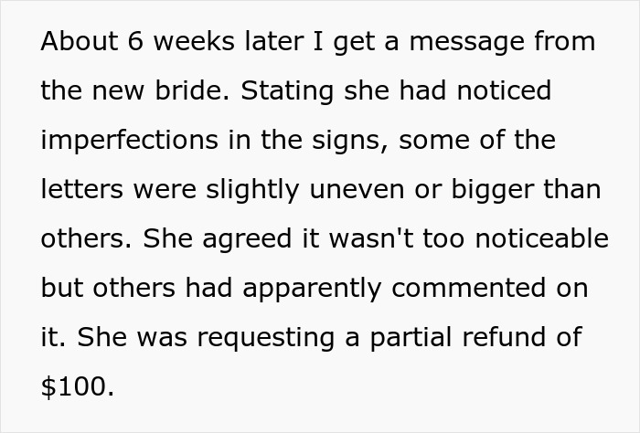 Text on image describing a bride's complaint about sign imperfections and a refund request.