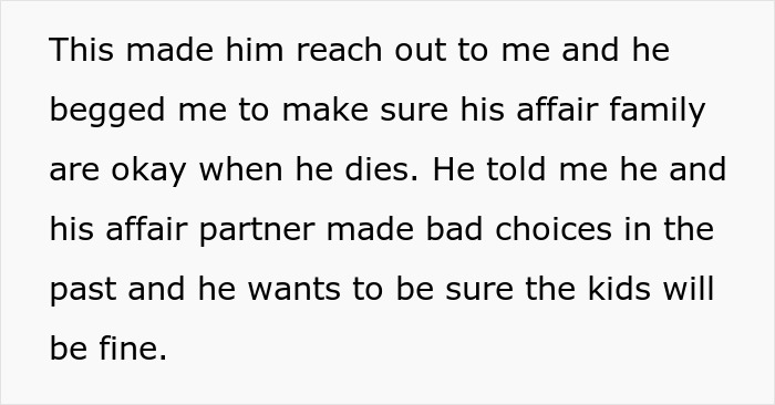 Text excerpt discussing a father's plea to his child about ensuring care for his affair family.