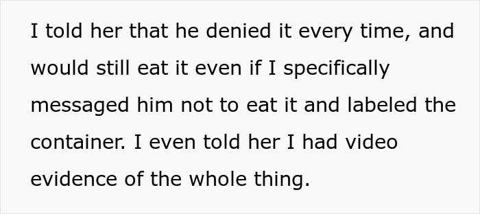 Text image discussing a roommate eating food despite warnings, with video evidence mentioned. Keywords: roommate, eating, food.