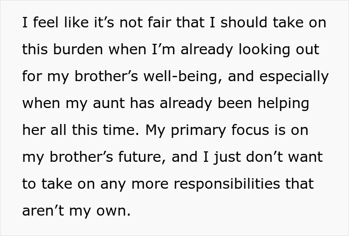 Text expressing refusal to take financial responsibility for dad’s ex-wife and son, focusing on brother's well-being.