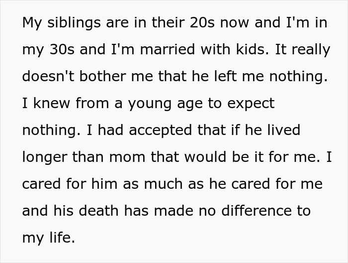 Text about siblings discovering stepsister's lack of biological connection after father's will reveals truth.