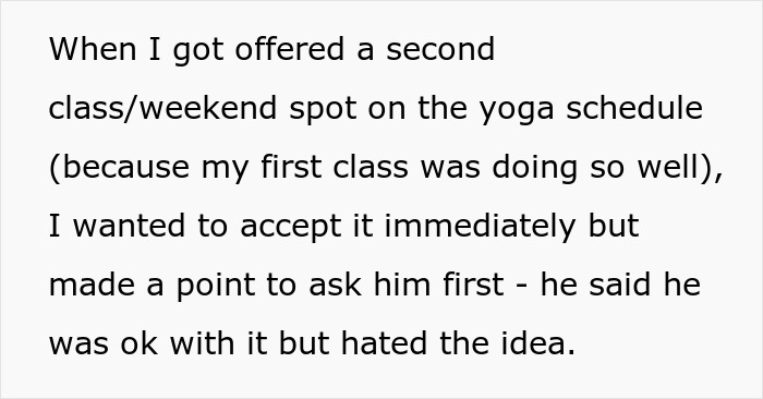 Text about husband giving wife an ultimatum on quitting yoga teaching for the sake of the marriage.