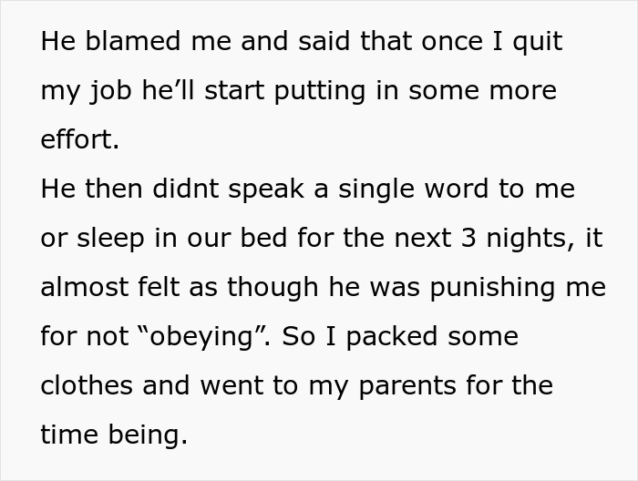 Text discussing a marital conflict related to quitting a job, and the emotional aftermath.