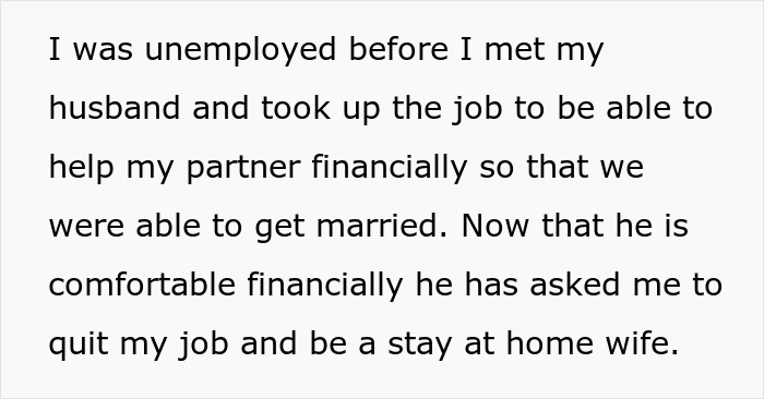 Text discussing a husband wanting a divorce if his spouse does not quit her job to become a stay-at-home wife.