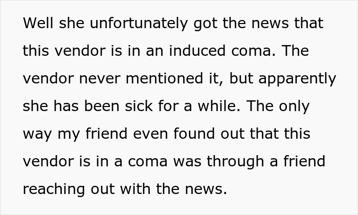 Text discussing a vendor in an induced coma related to a wedding deposit issue.