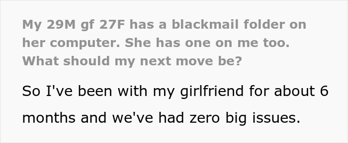 Text conversation about a blackmail folder on girlfriend's computer.