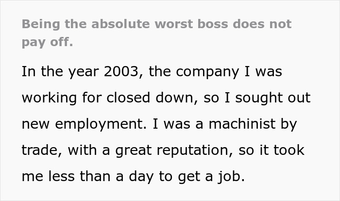 Text discussing the consequences faced by a toxic boss and an employee's successful exit strategy.