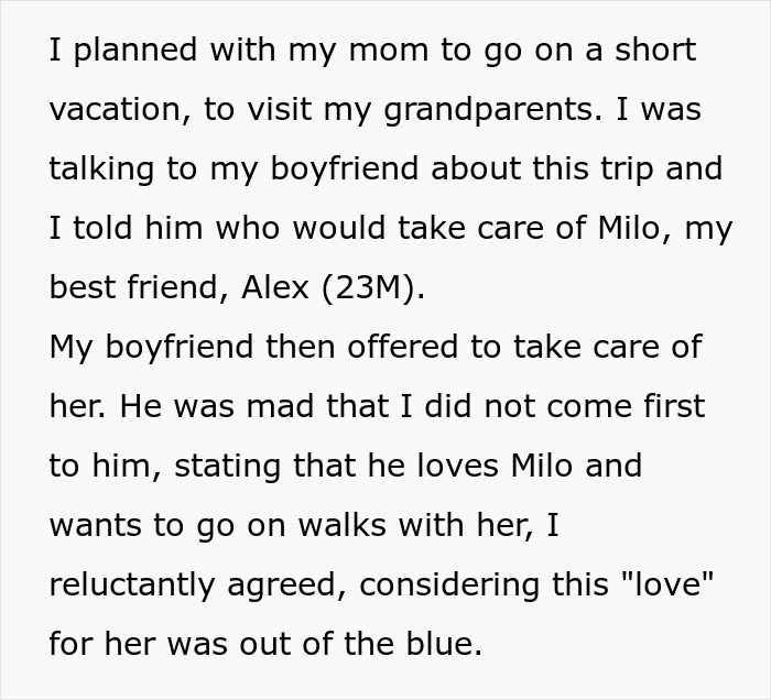 Text discussing a woman's trip, her boyfriend's offer to look after her dog Milo, and the unexpected situation.