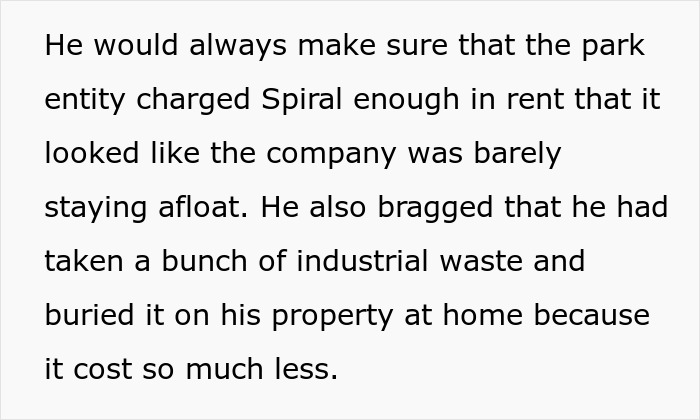 Text describing a toxic boss charging high rent and burying industrial waste at home.