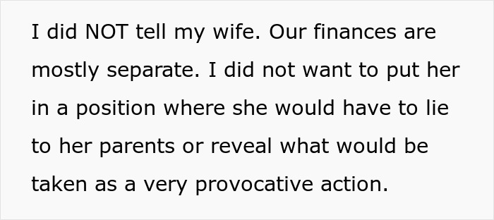 Text message about partner keeping financial decision secret from wife regarding in-laws.