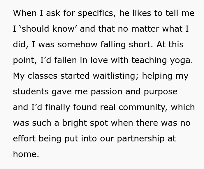 Text about love for teaching yoga and struggle in marriage dynamics.