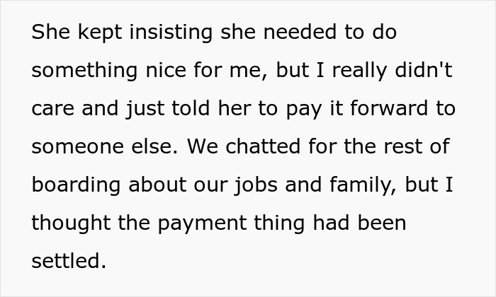 Text excerpt discussing an elderly woman's insistence on paying for a seat switch.