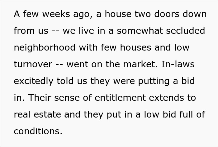 Text excerpt about a house on the market and in-laws bidding, related to partner outbidding them.