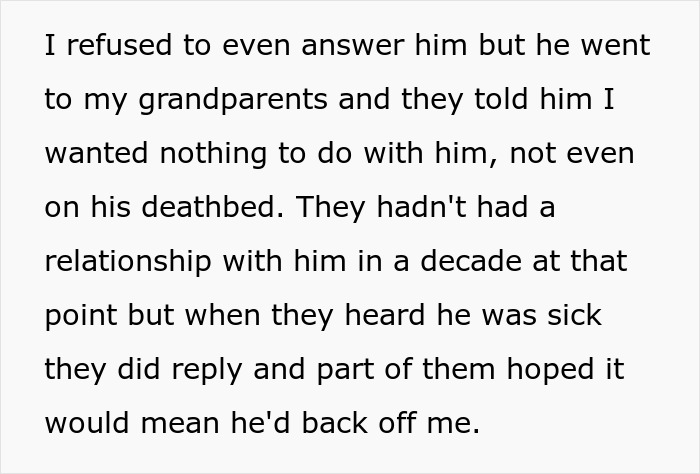 Text discussing a refusal to care for a father's affair family, even on his deathbed.