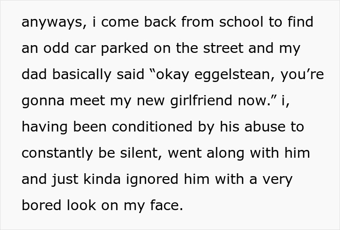 Text about a teen meeting dad's new girlfriend, mentioned as "new mom." Teen reacts silently, conditioned by past events.