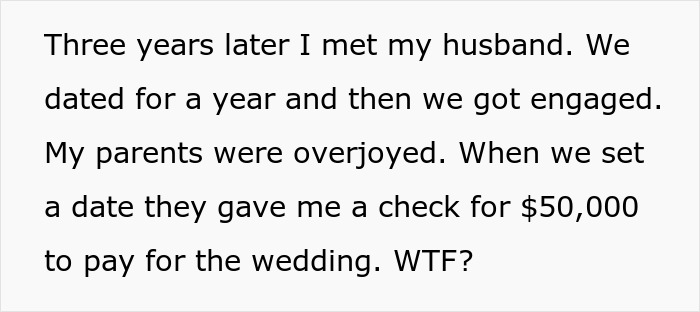 Text discussing accepting money from parents for a wedding, then eloping.