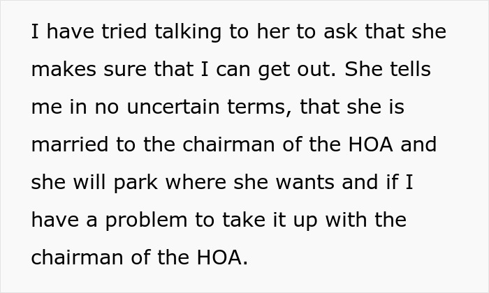 Text screenshot discussing HOA chair's wife parking issues and neighbor confrontation.