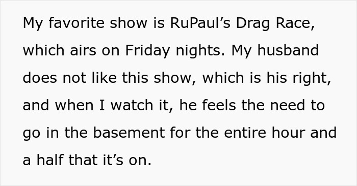 Text about a woman's husband avoiding the living room weekly for 'RuPaul's Drag Race'.