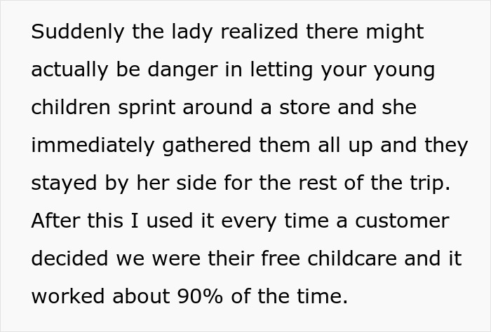 Text about a mom realizing the dangers of kids running in a store, influenced by a worker's comment on broken glass.