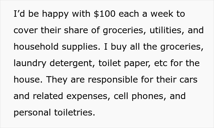 Text excerpt discussing a mother's request for adult children to contribute $100 weekly for groceries and utilities.