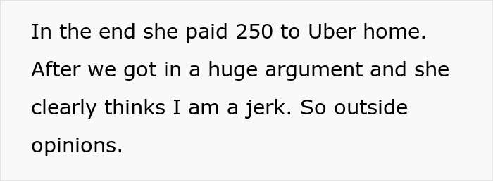 Text story about a daughter paying $250 for an Uber home after an argument with her parent.