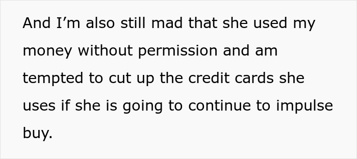 Text expressing frustration over a wife\'s spending habits and unauthorized use of money, mentioning impulse buying. 