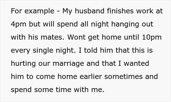 Text about marital issues due to job and husband's late nights with friends.