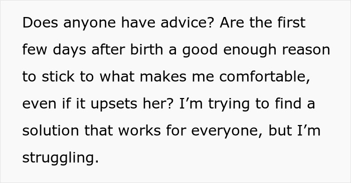 Text about a DIL seeking advice after giving birth, addressing MIL's upset over sleeping arrangements.