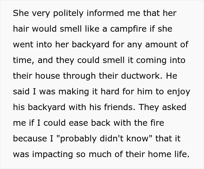 Text from an entitled neighbor about campfire smell affecting their backyard enjoyment.