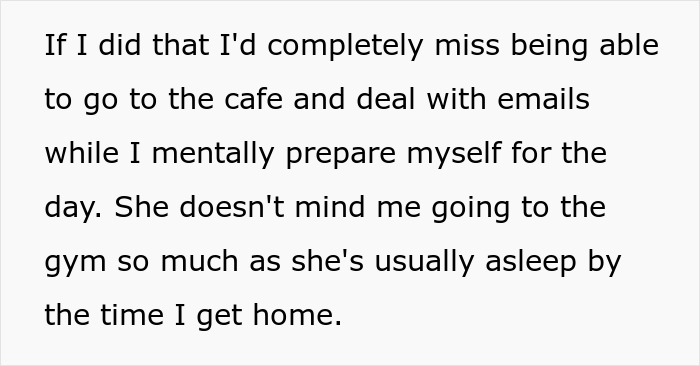 Text excerpt about a husband spending time at a cafe and gym, highlighting his absence at home.