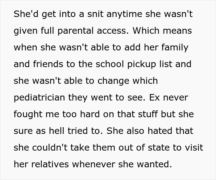 Text discussing stepmom's frustration over parental access restrictions and lack of bonding with her partner's kids.