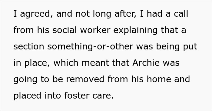 Text about a social worker's call regarding a child's placement in foster care.