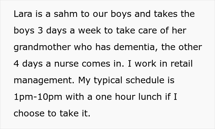 Text about a husband's work schedule in retail management and family's caregiving duties.