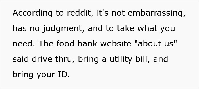 Text from a food bank website mentions a drive-thru and required ID and utility bill.