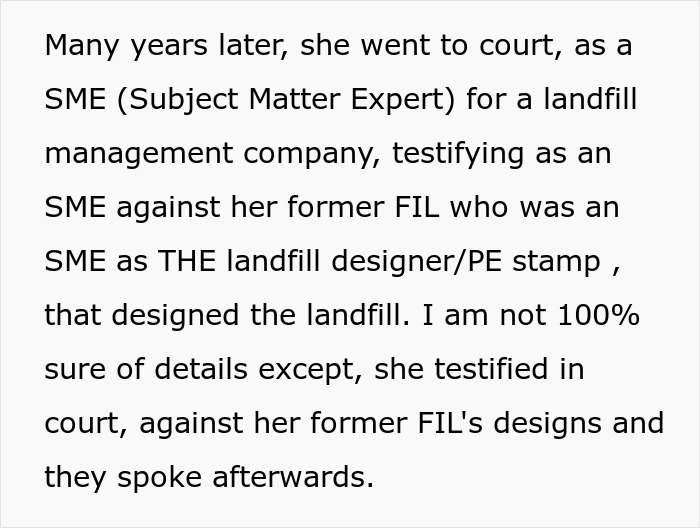 Text describing a woman as a landfill SME testifying against her former father-in-law's designs in court.